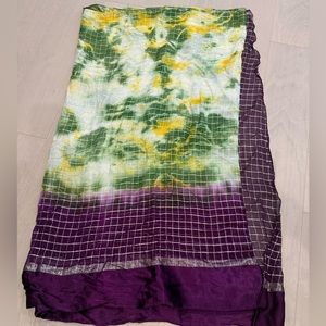 Fancy party wear saree shiny silvers lines checks tie dye pattern purple green